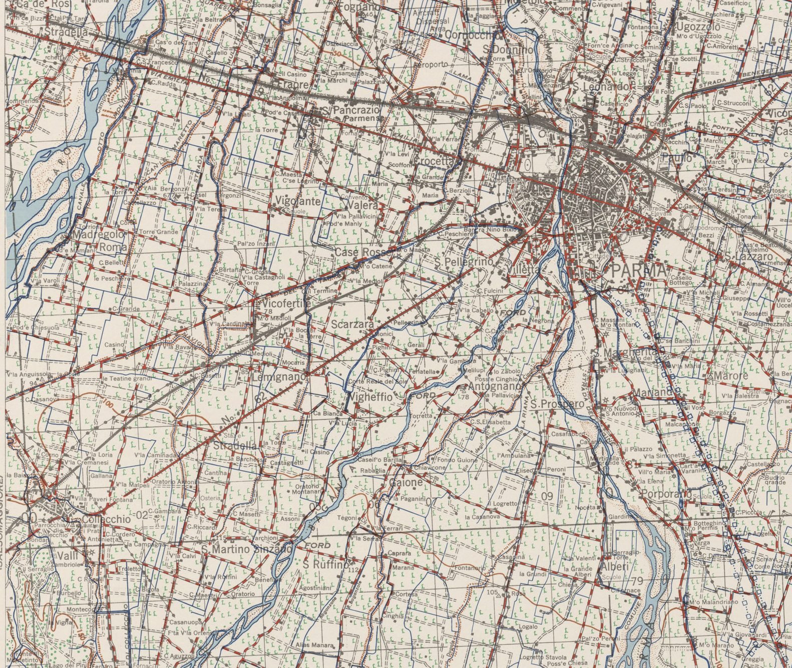 Carta militar topográfica de 1944 da planície a sudoeste de Parma, com Collecchio no canto inferior esquerdo e a cidade de Parma no alto à direita.