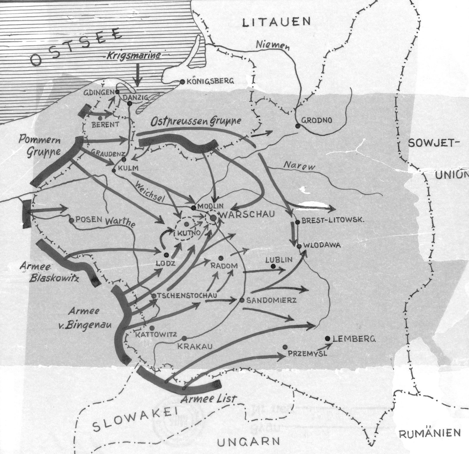 Mapa alemão desenhado à mão com setas de ataque convergindo de norte, oeste e sul sobre Varsóvia, e um cerco marcado em torno de Kutno