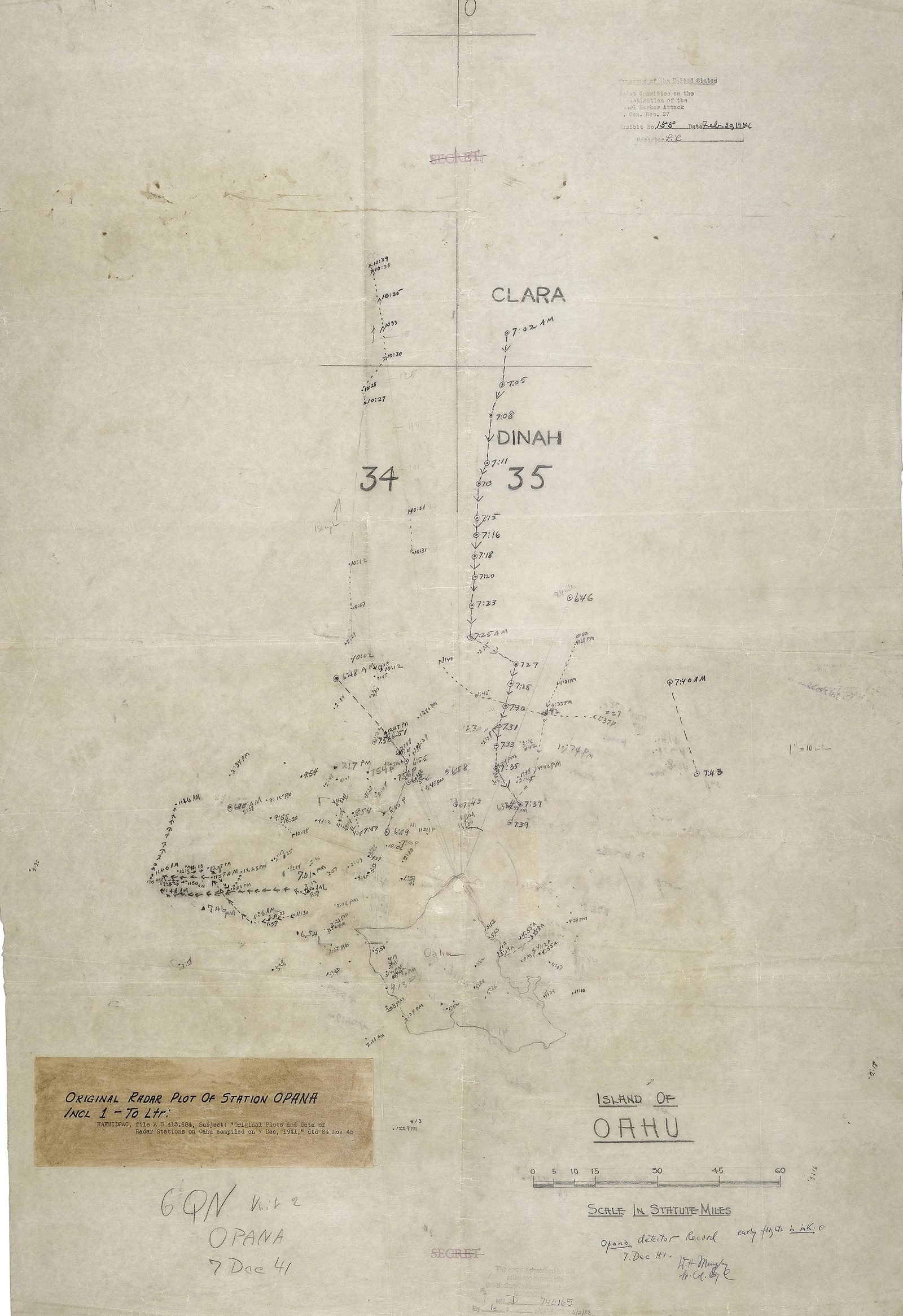 Folha de plotagem desenhada à mão com o contorno de uma ilha embaixo e uma linha de pontos anotados com horários descendo do norte em direção a ela
