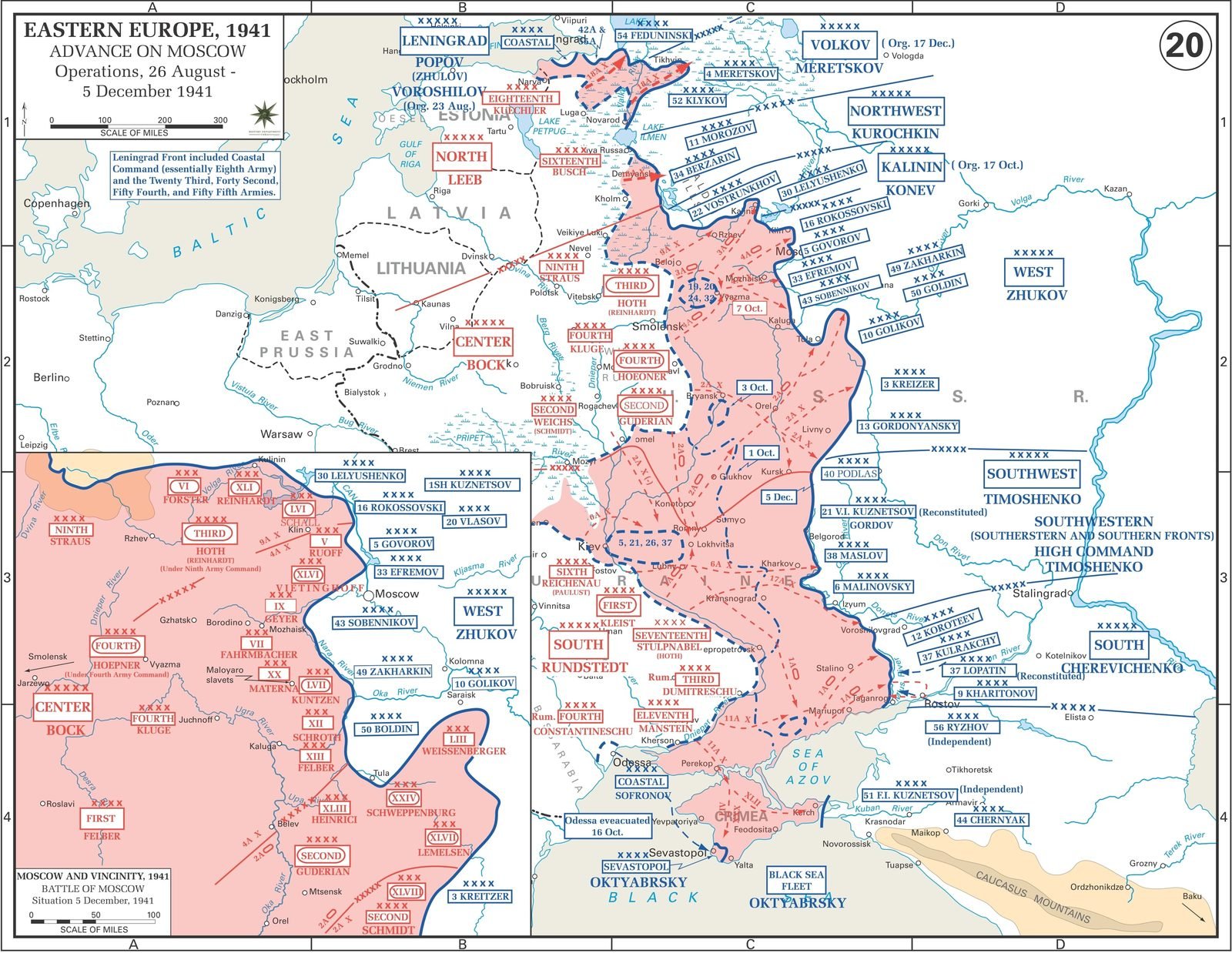 Mapa da frente leste em 1941, com o avanço alemão em vermelho, o bolsão de Kiev ao sul e, num quadro à esquerda, as posições em torno de Moscou em 5 de dezembro