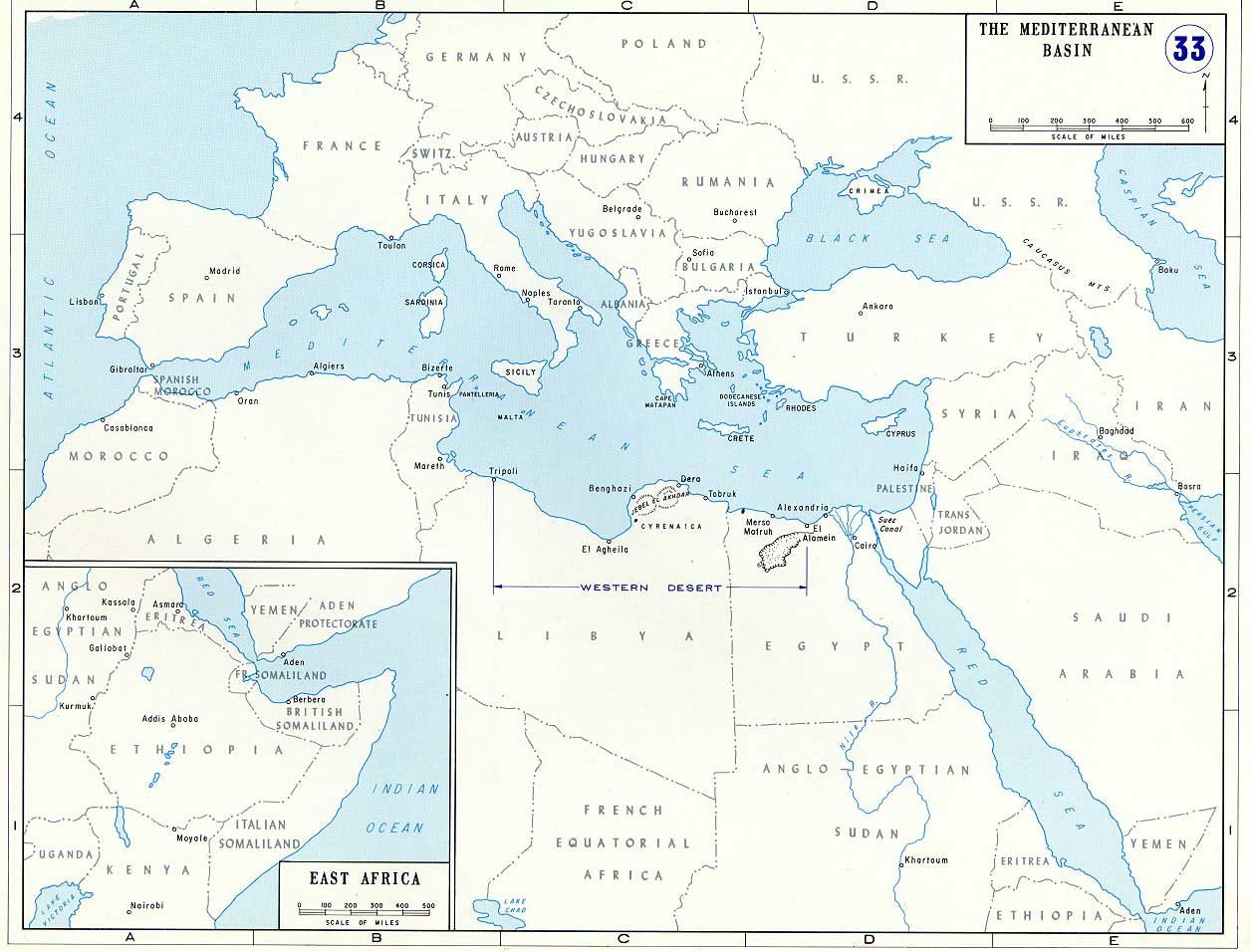 Mapa da bacia do Mediterrâneo com Malta, Trípoli, Bengasi, Tobruk, El Alamein e a depressão de Qattara marcados na costa do norte da África