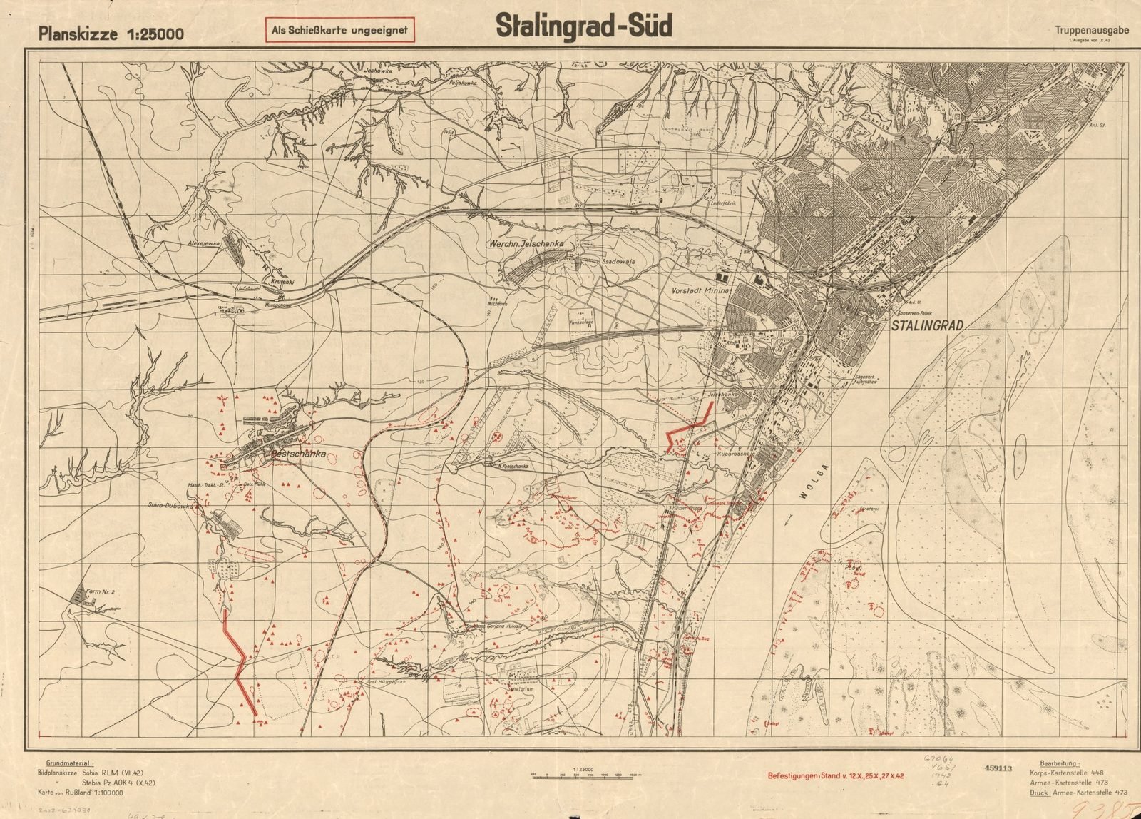 Carta topográfica alemã do sul de Stalingrado, com a cidade e o Volga à direita e posições marcadas em vermelho na estepe a oeste