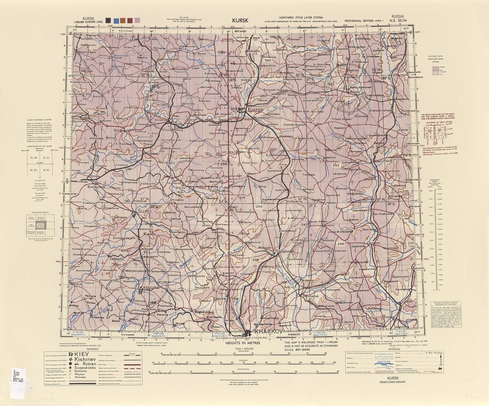 Carta topográfica em tons de lilás com Kursk no alto, Oboyan e Prokhorovka no centro, Belgorod abaixo e Kharkov na base, cortada por rios e ferrovias
