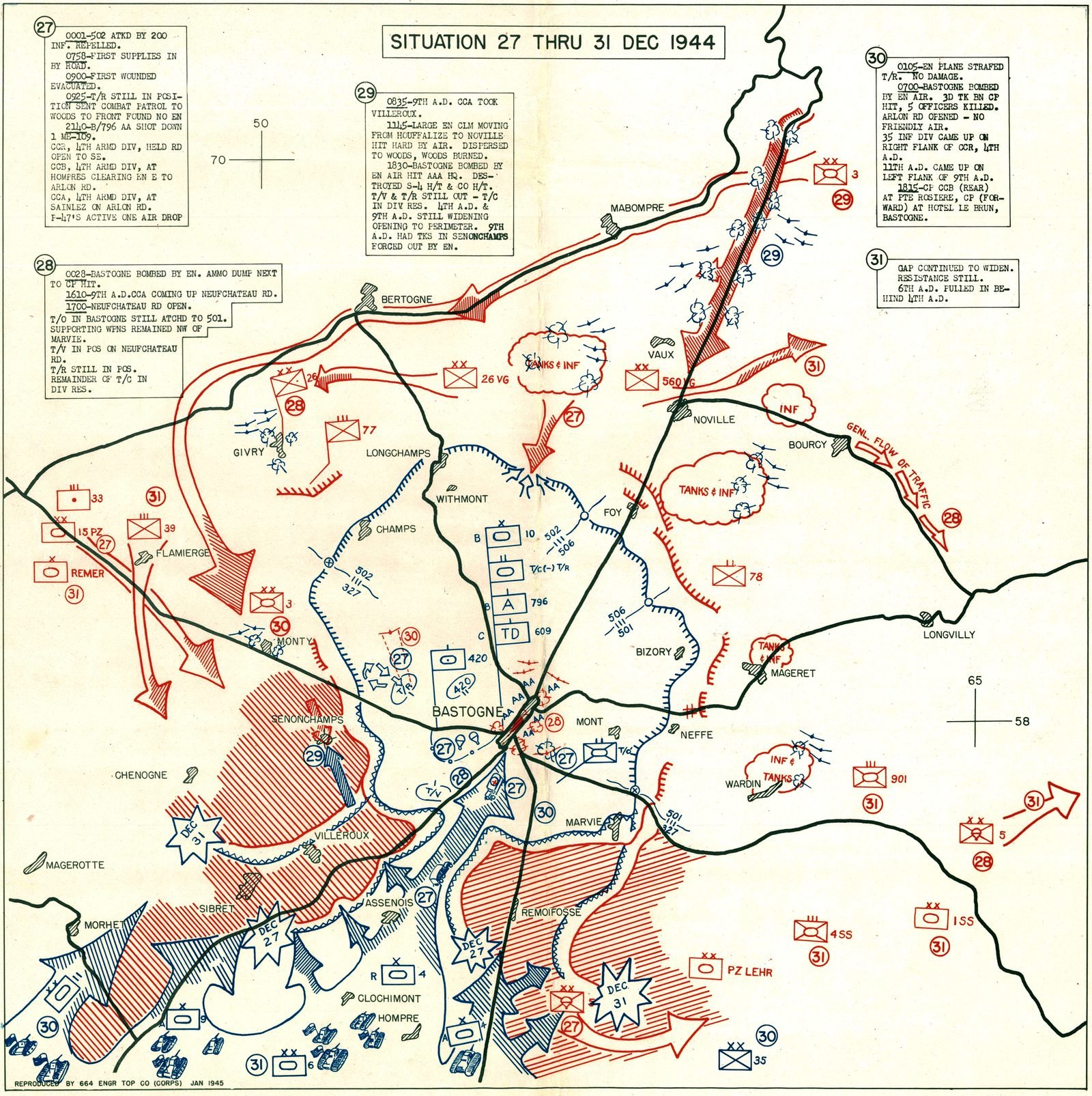 Carta militar colorida de Bastogne com o perímetro americano em azul no centro, setas e unidades alemãs em vermelho em volta, e quadros de texto com o diário de cada dia