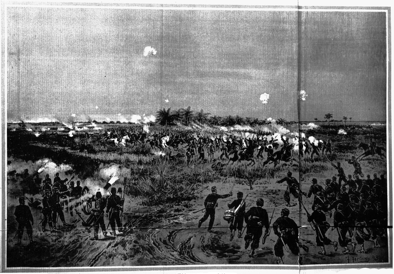 Ilustração em preto e branco de infantaria em uniforme escuro avançando a passo de corrida em primeiro plano, artilheiros à esquerda e cavaleiros em carga entre palmeiras e fumaça ao fundo