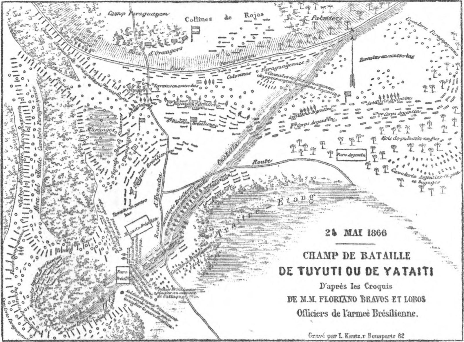 Gravura de mapa em preto e branco com o campo paraguaio e as colinas de Rojas no alto, colunas paraguaias descendo, os corpos de exército argentinos à direita, mato e brejo à esquerda e um lago no centro