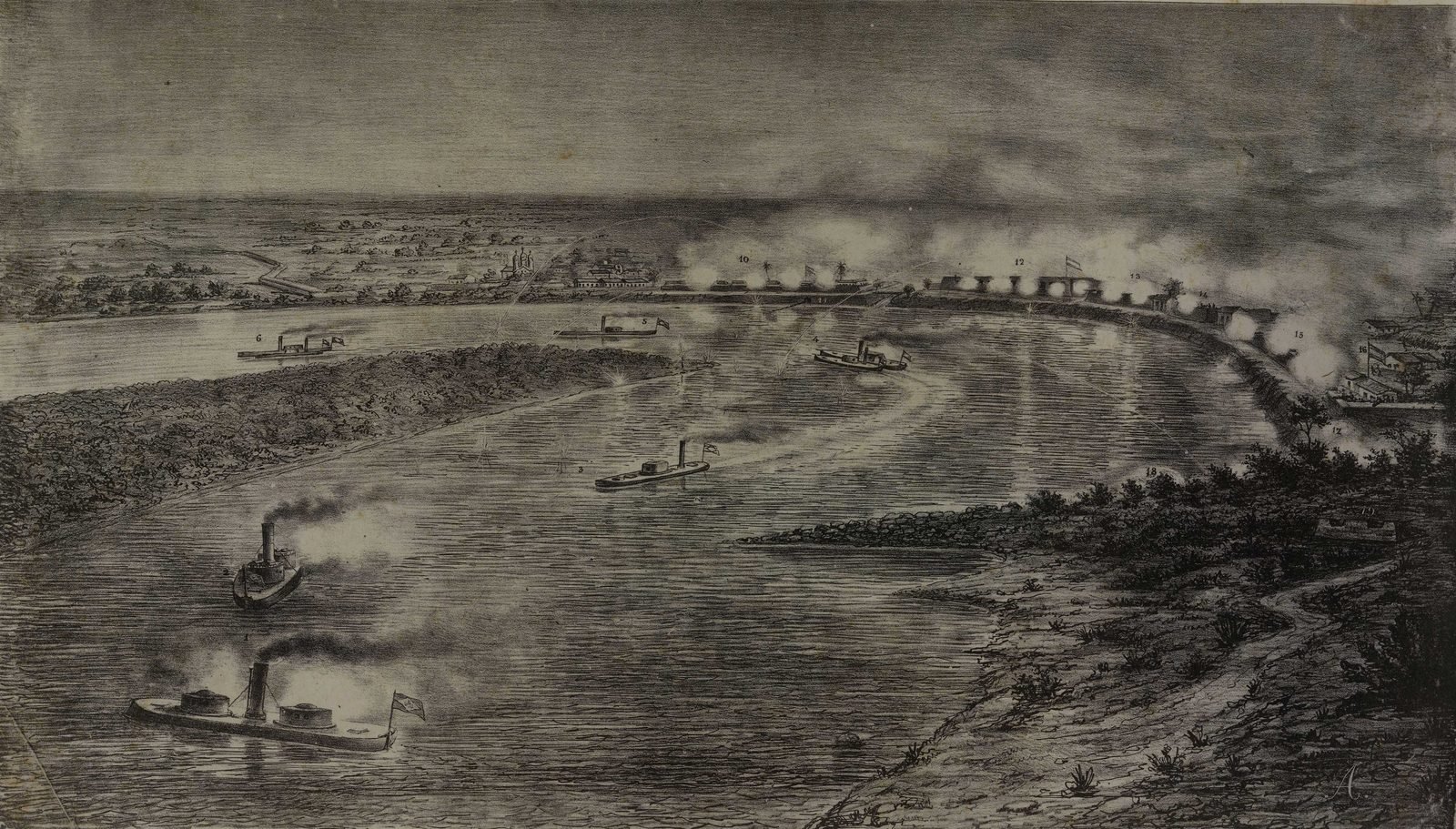 Gravura de uma curva larga de rio com navios de casco baixo e chaminés subindo a corrente, enquanto uma fileira de baterias na margem oposta dispara envolta em fumaça